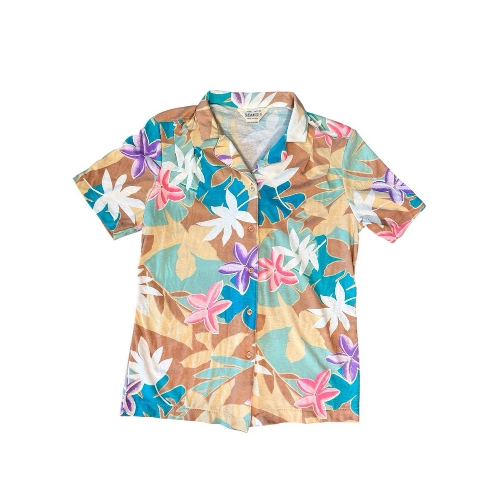 Vintage 1970s-80s Sears‎ Jersey Button Up Coconut Girl Blouse Women's Medium